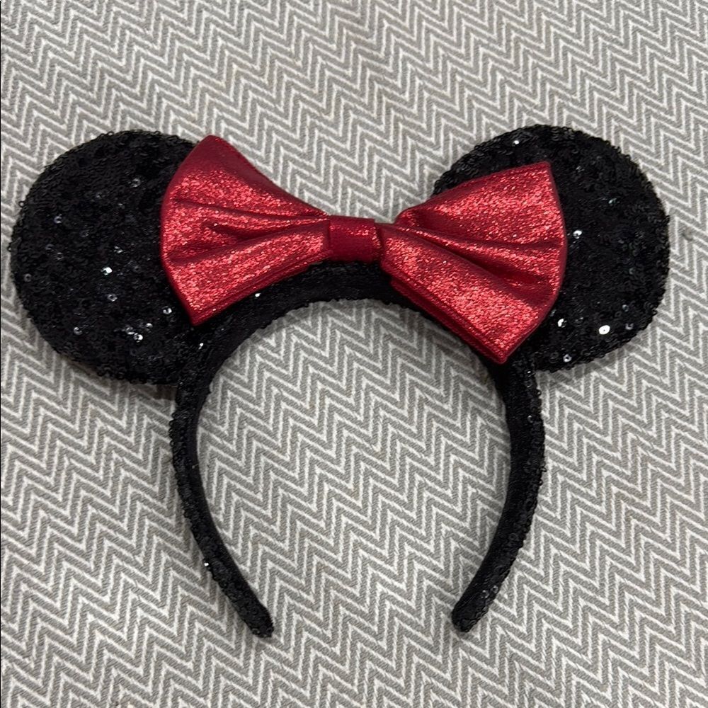 Disney Parks Minnie Mouse Classic Black Sequin Ears with Red Bow Headband